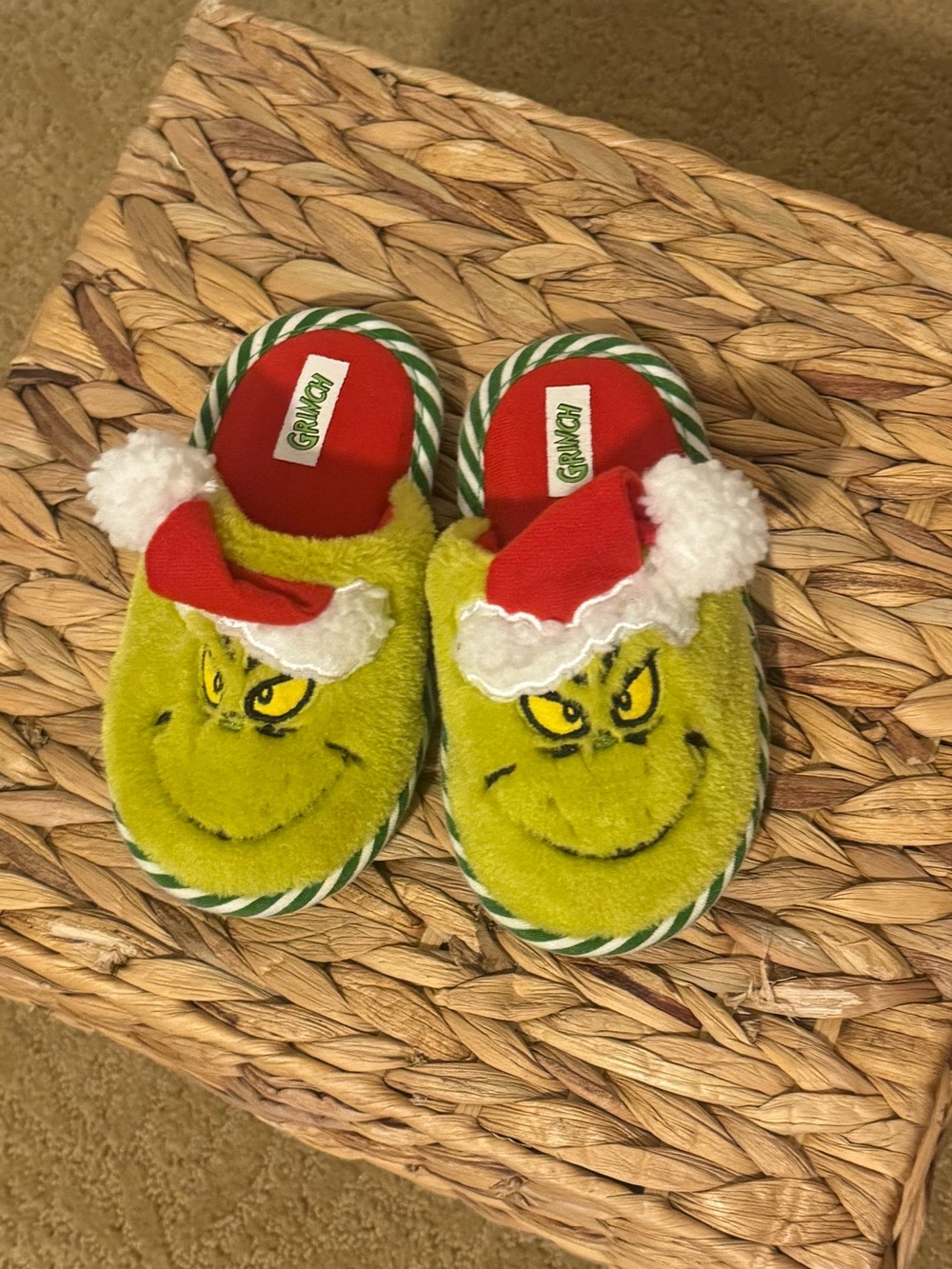 Kids Grinch Plush Slippers with Santa Hat - Green